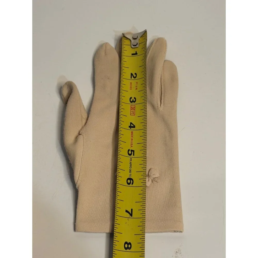 VTG 60s Cappuccino Coffee Nylon Wrist Gloves Embroidered Ribbon Bow Detail Women